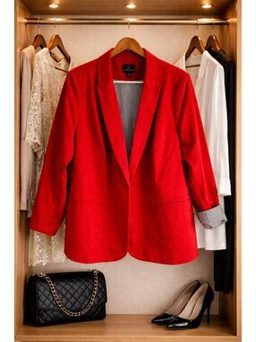 NWT Worthington Womens Plus 3X Red Open-Front Blazer Striped Lining Cuffable